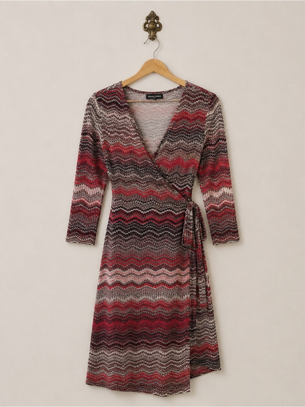 Julia Chang red gray stretch wrap midi dress L